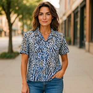 DONNKENNY Classics Vintage Women M Blue Black Short Sleeve Button Down Shirt